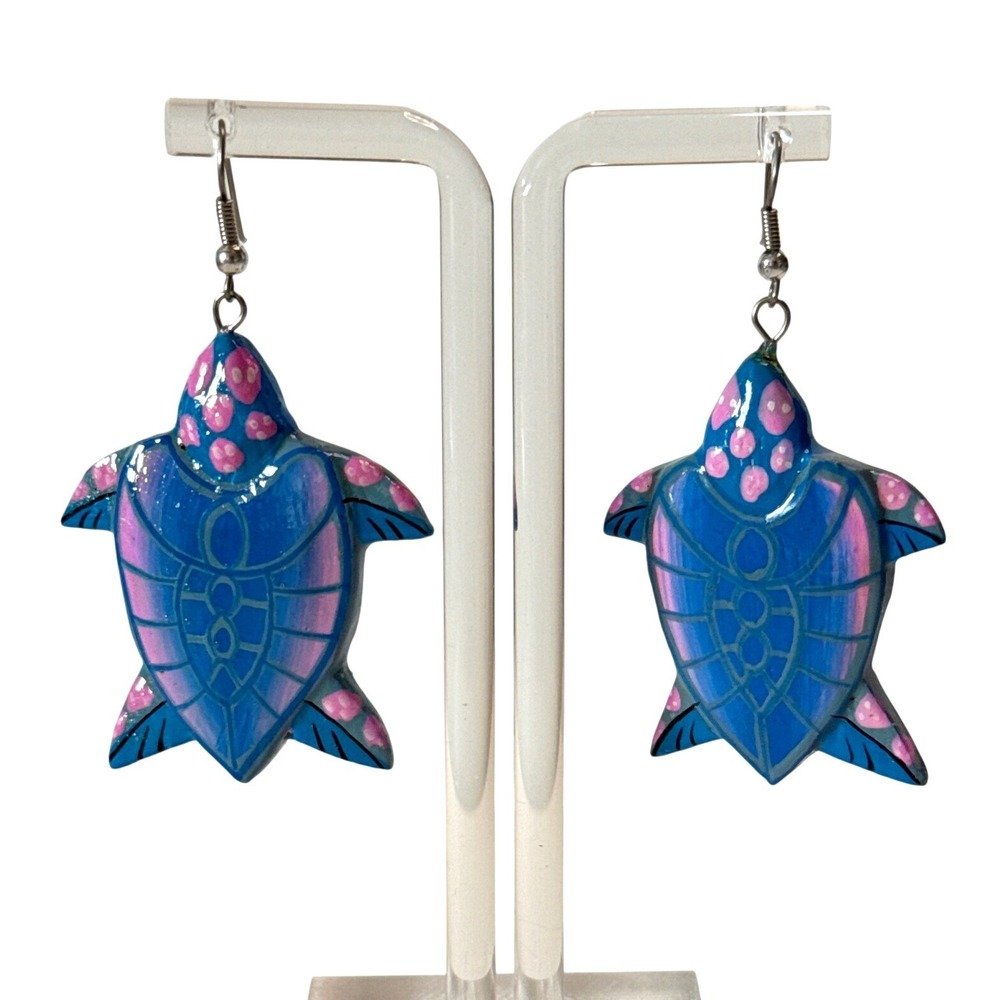 Handmade Hawaiian Blue Pink Sea Turtle Drop Dangle wood Earrings Coastal Beach